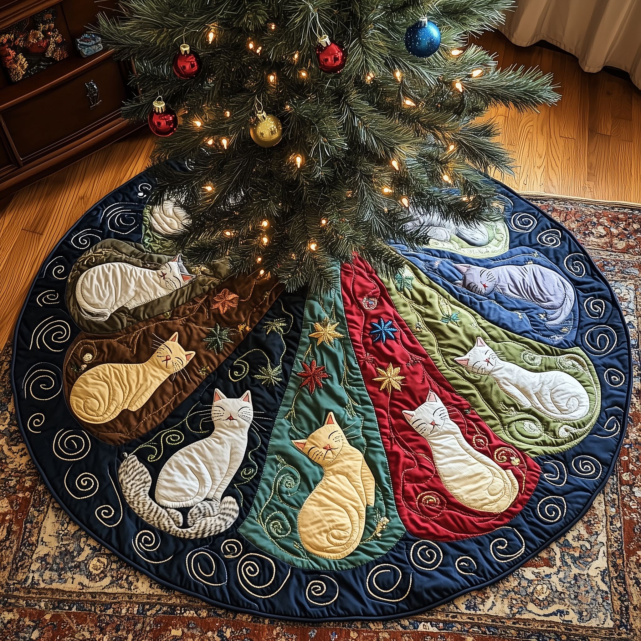 Cat Christmas Tree Skirt Colorful Quilted Holiday Decoration Unique Gift for Cat Lovers