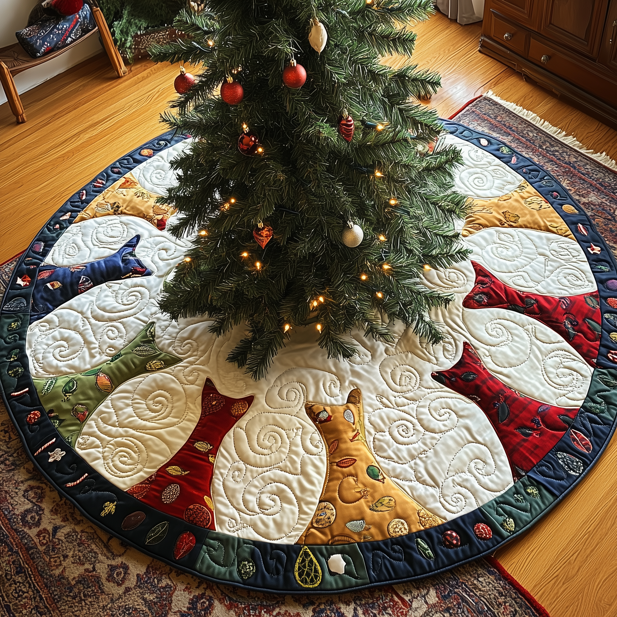 Cat Christmas Tree Skirt Quilted Colorful Cats Design Holiday Decor Gift for Pet Lovers