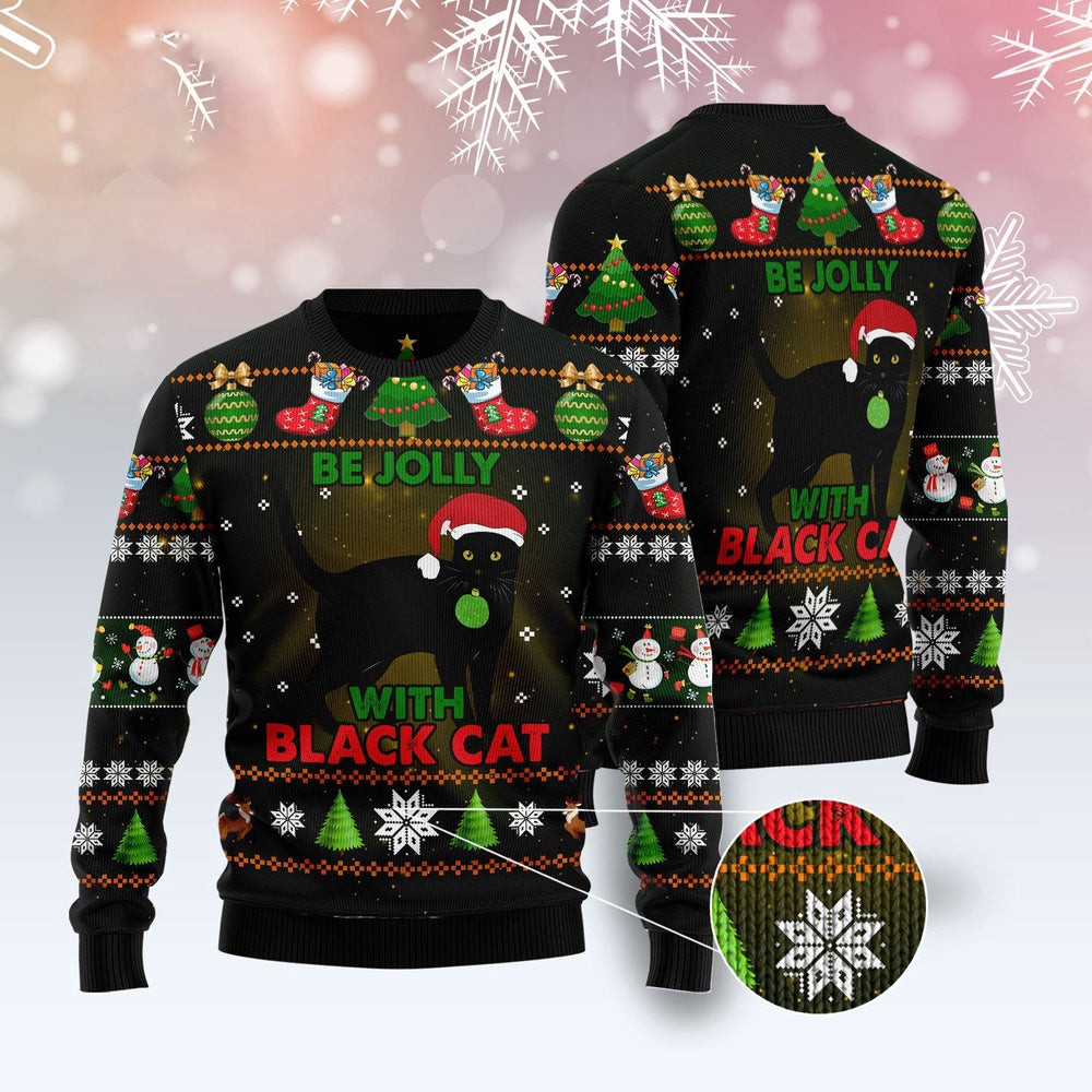 Cat Christmas Ugly Sweater Black Cat Be Jolly Ugly Christmas Sweater Gifts For Couples