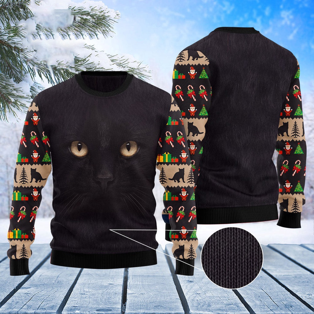 Cat Christmas Ugly Sweater Black Cat Cute Face Ugly Christmas Sweater Gifts For Couples