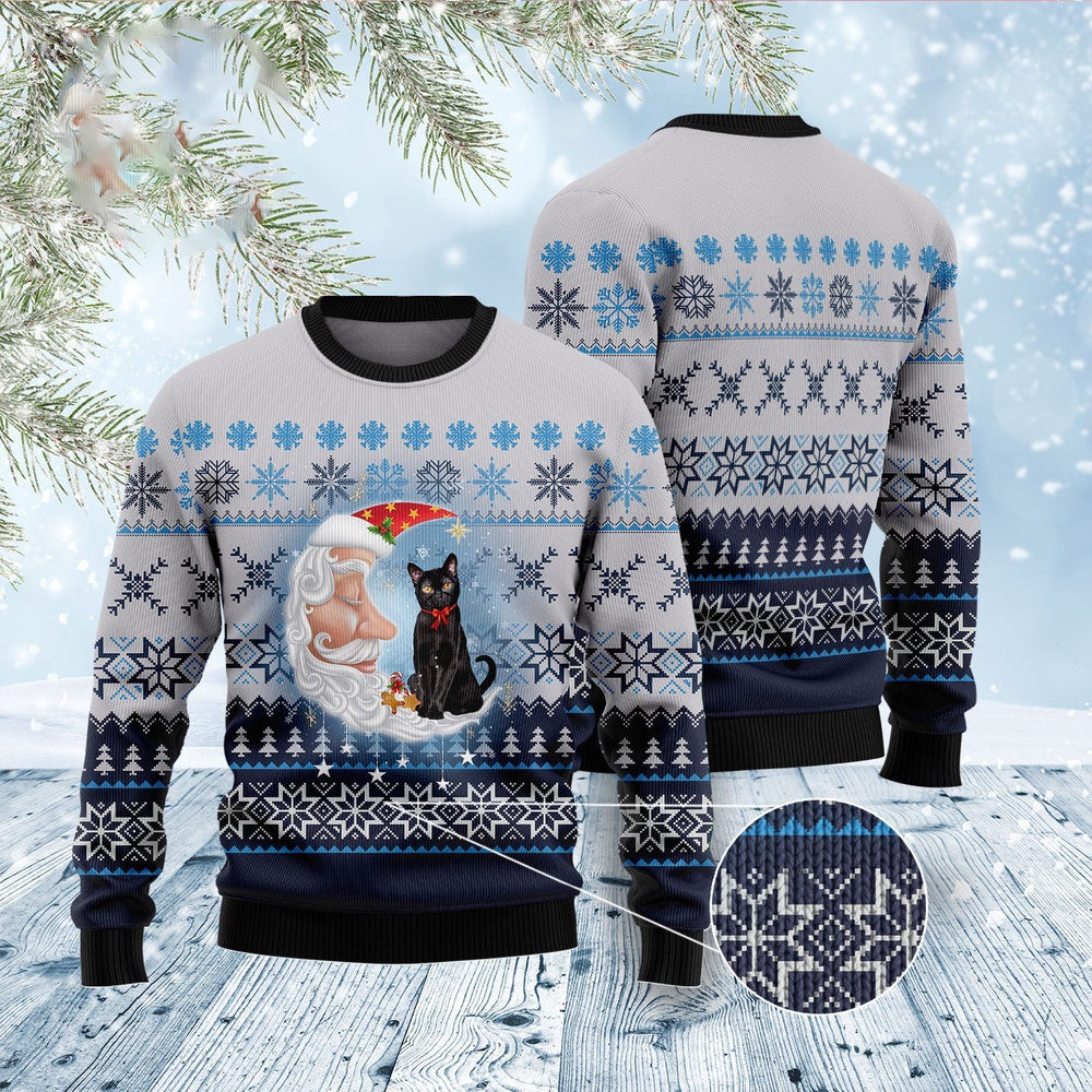 Cat Christmas Ugly Sweater Black Cat Love Santa Moon Ugly Christmas Sweater Gifts For Couples