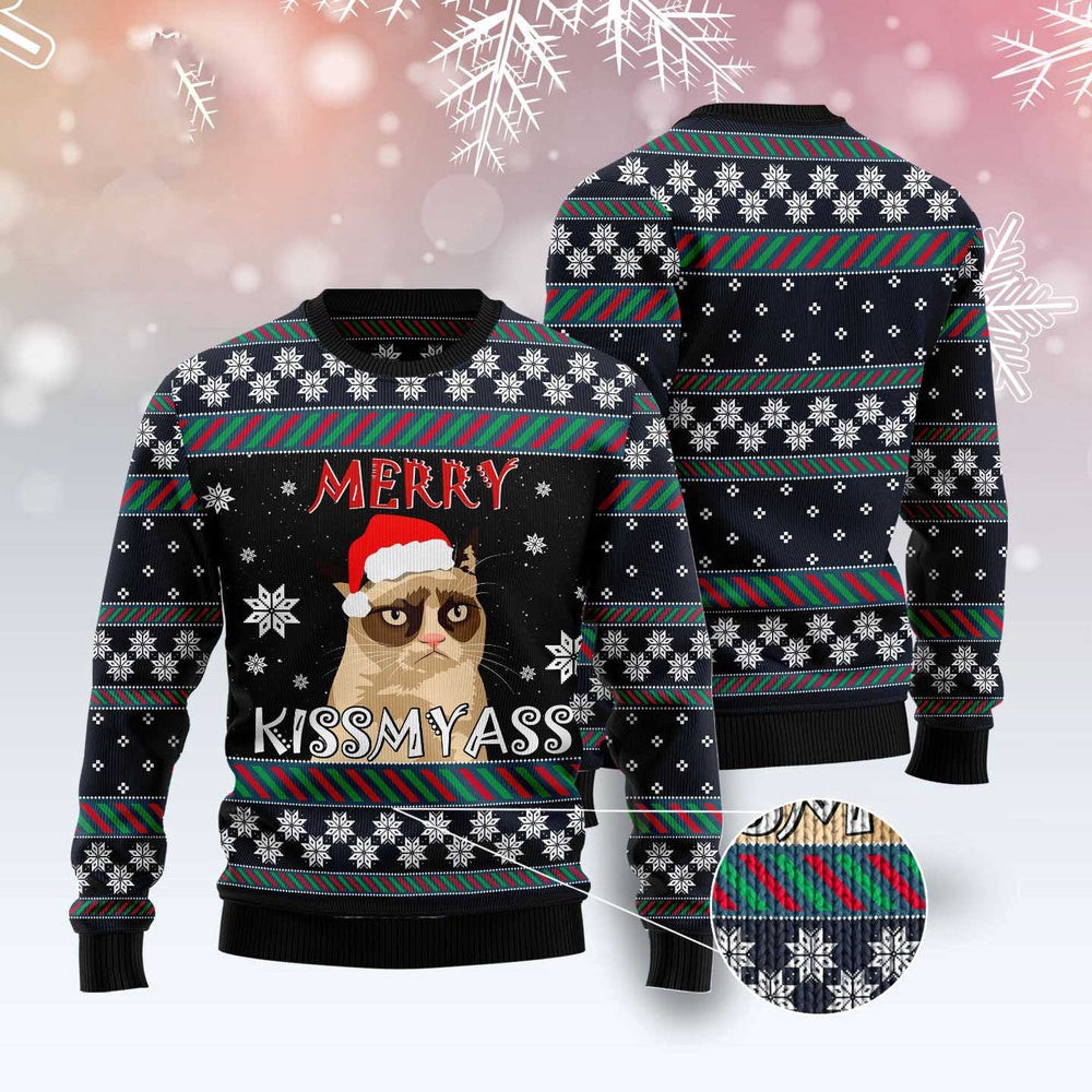 Cat Christmas Ugly Sweater Grumpy Cat Kissmyass Ugly Christmas Sweater Gifts For Couples