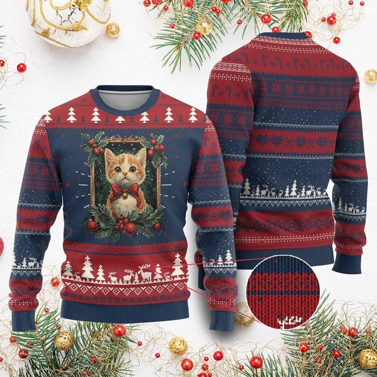 Cat Christmas Wreath Ugly Christmas Sweater Xmas Holiday Jumper Gifts For Cat Owners