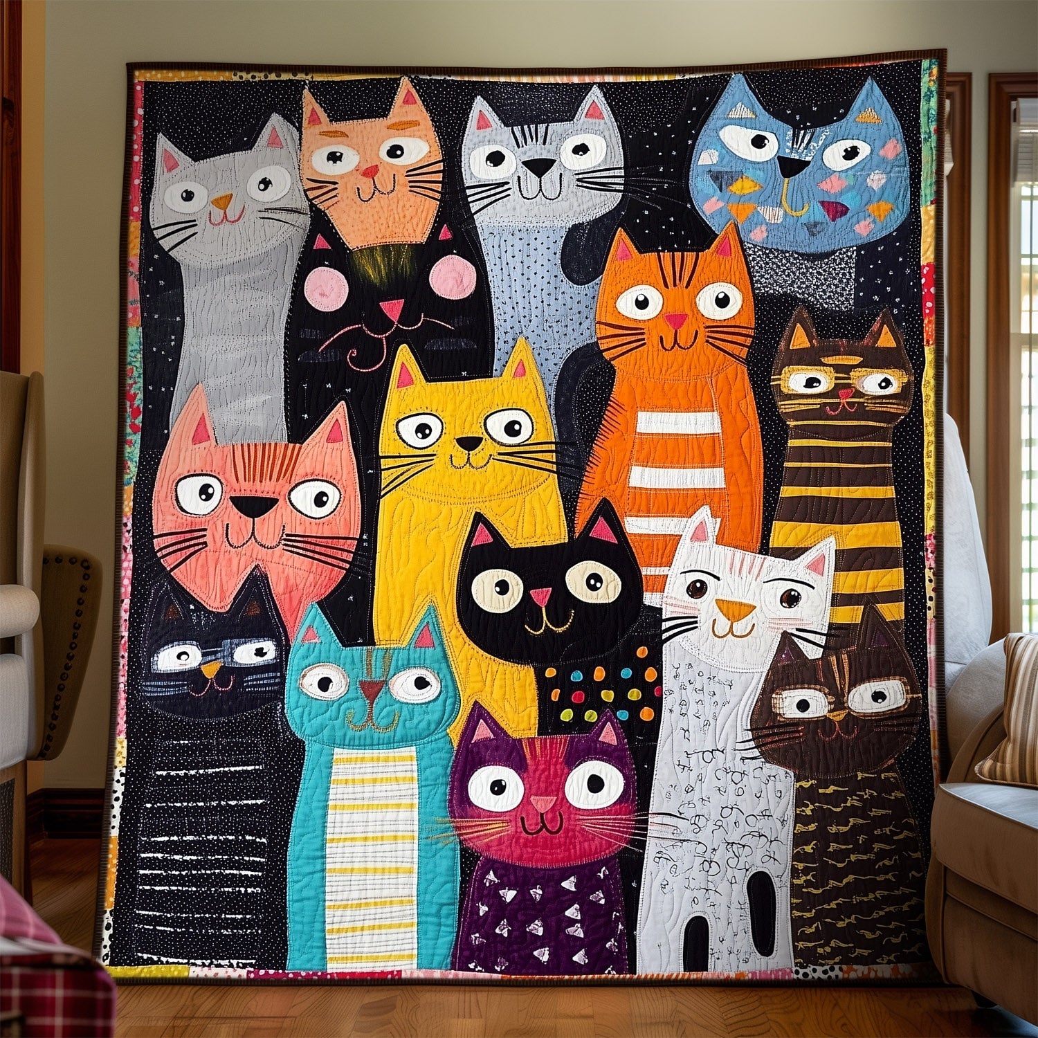 Cat Crazy Patchwork Quilted Blanket Novelty Gifts For Cat Lovers