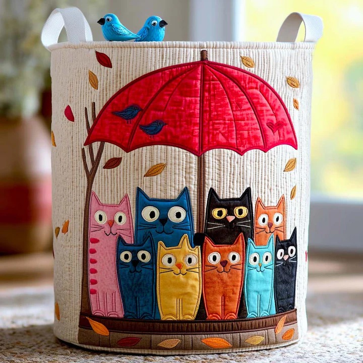 Cat Crew Quilted Laundry Basket Multiple Cats Boho Home Storage Cute Gift For Cat Lovers
