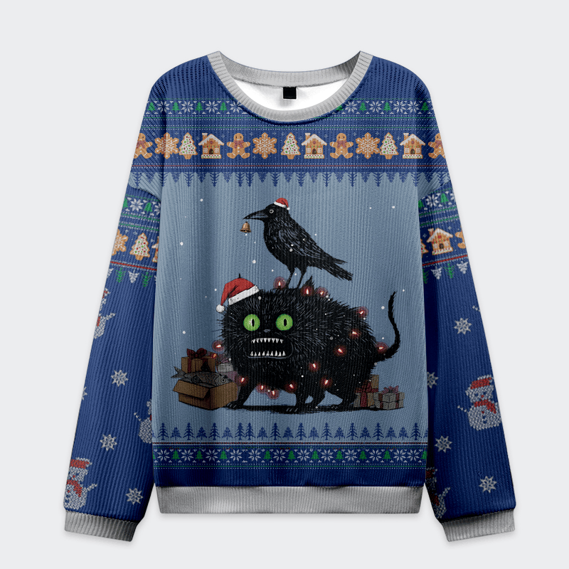 Cat Crow And Fish Unite Christmas Ugly Sweater Funny Xmas Jumper Mens