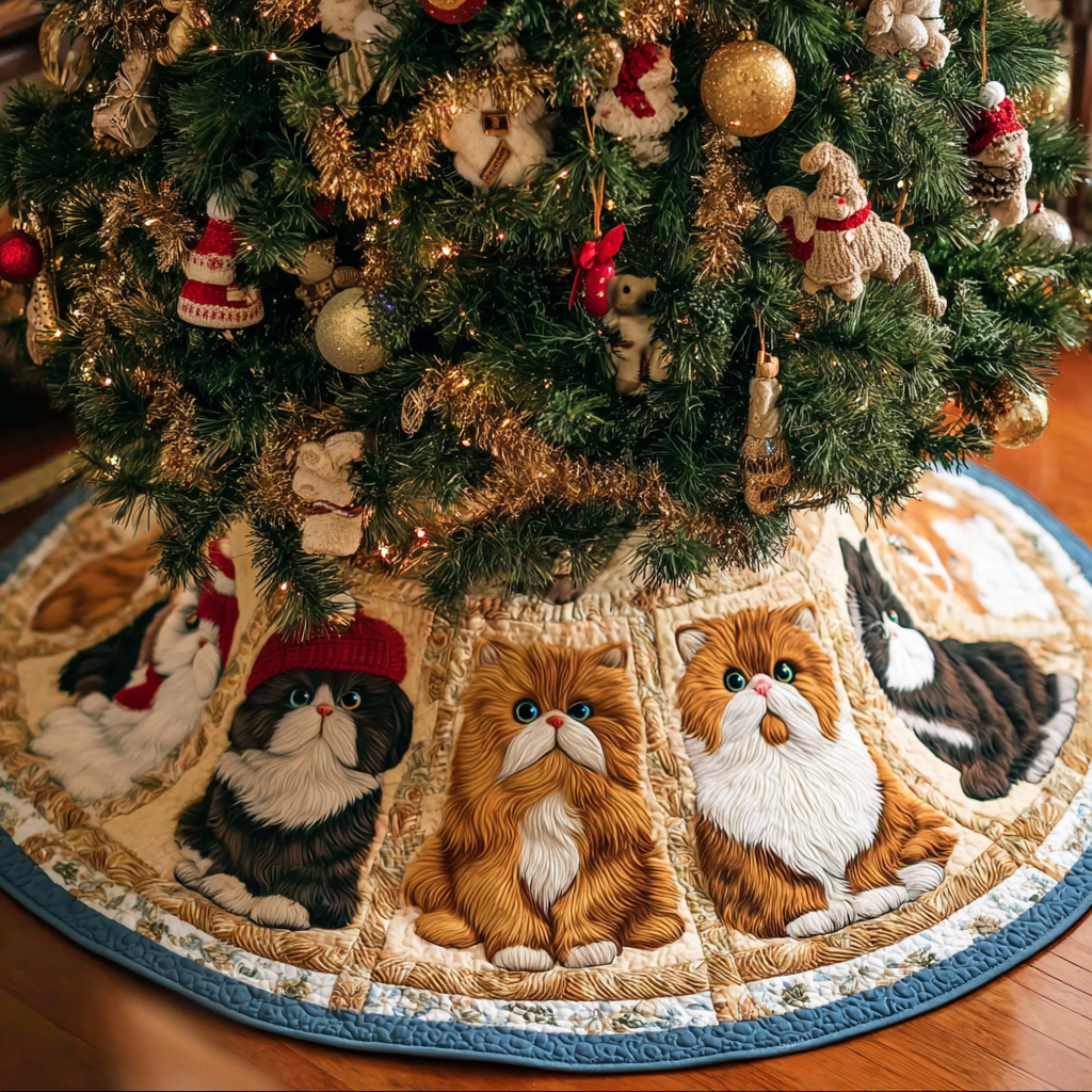 Cat Delight Christmas Quilted Tree Skirt Xmas Decorations Cat Presents For Cat Lovers