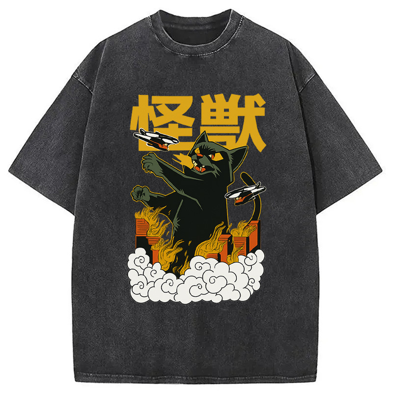 Cat Destroyer Japanese Washed T-Shirt Cool Graphic Tee For Men Women Gifts For Friends