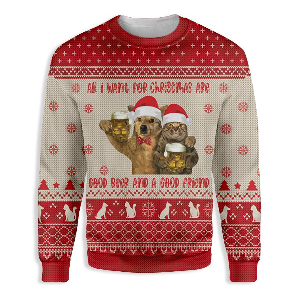 Cat Dog Good Beer Ugly Christmas Sweater A Good Friend Pullover Xmas Gifts For Beer Lovers