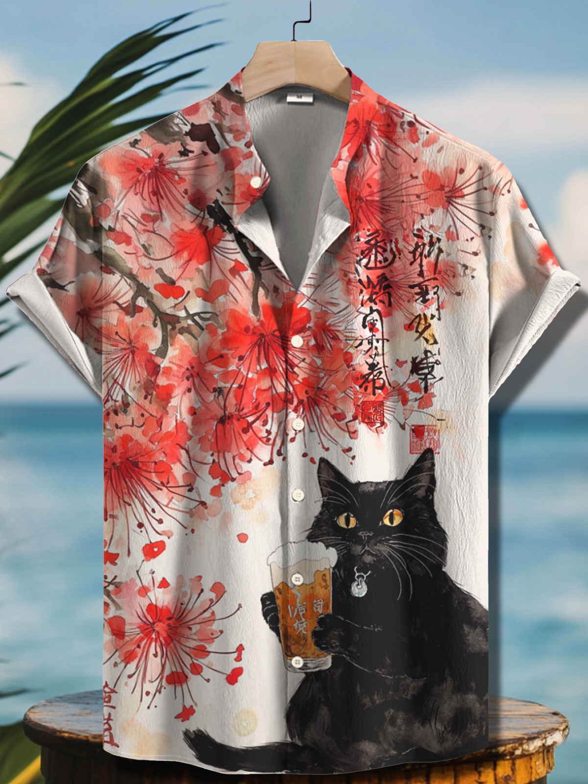 Cat Drinking Beer Flowers Lycoris Radiata Calligraphy Art Hawaiian Shirt Gifts For Boyfriend