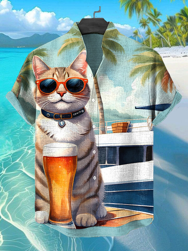 Cat Drinking Beer On Vacation Cruise Art Hawaiian Shirt Gifts For Boyfriend