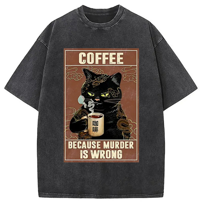 Cat Drinking Coffee Washed T-Shirt Unisex Streetwear Graphic Style Gifts For Besties
