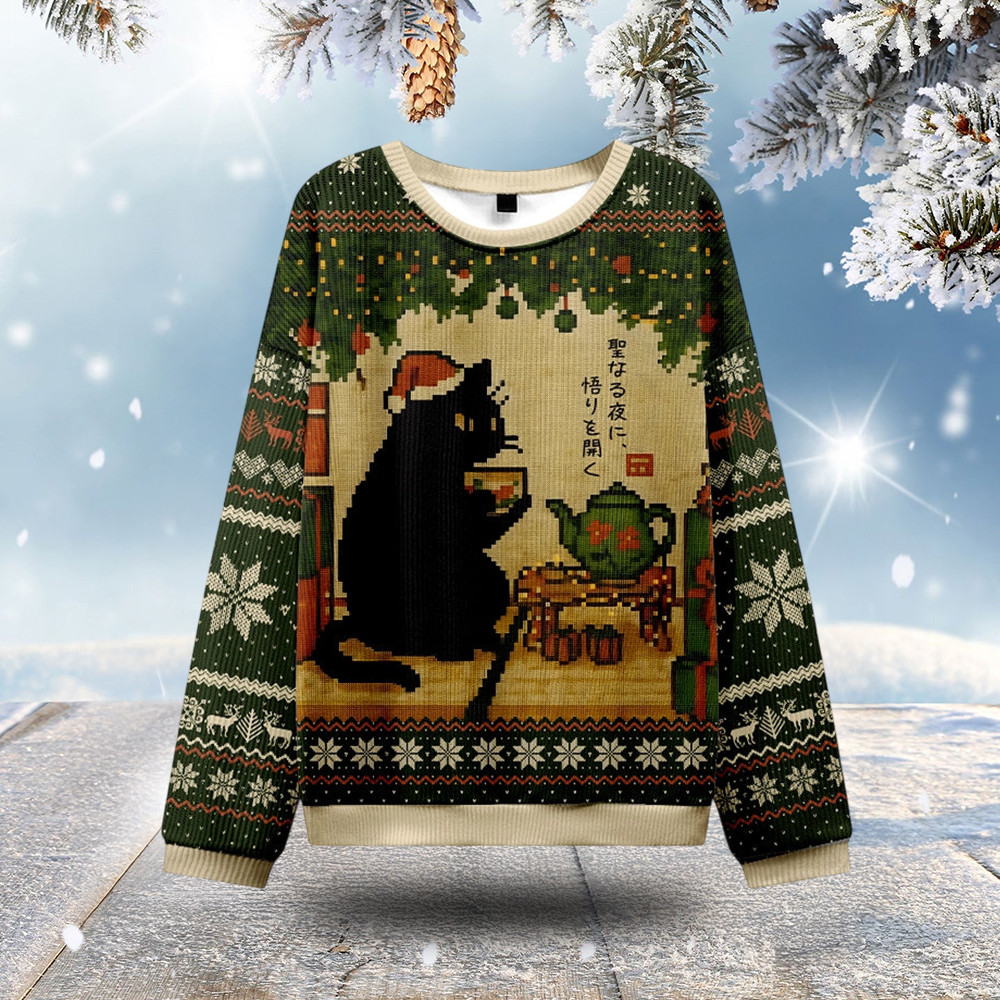 Cat Drinking Tea Ugly Christmas Sweater Cat Themed Xmas Wear Christmas Gifts For Her