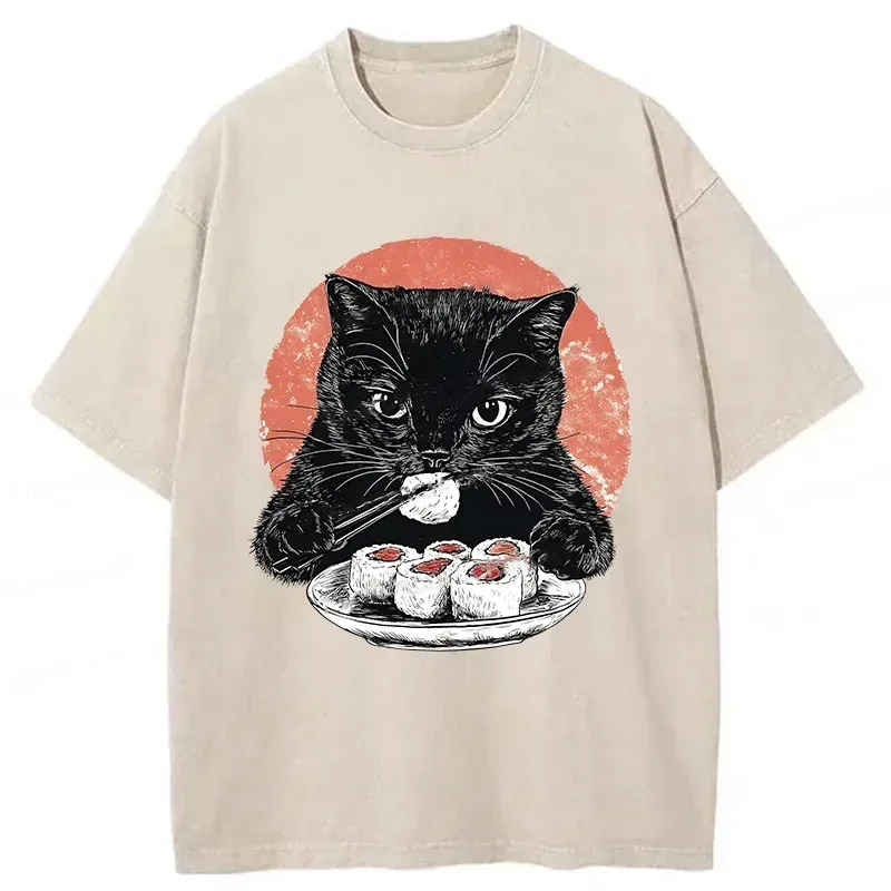Cat Eating Delicious Sushi Washed T-Shirt Cool Urban Street Style Shirt Gifts For Sister