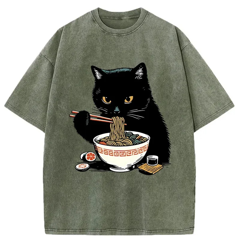 Cat Eating Favorite Ramen Washed T-Shirt Casual Oversized Outfit Style Gifts For Sister