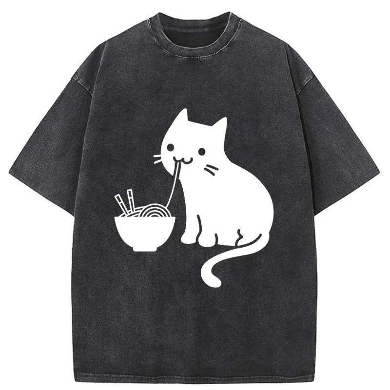Cat Eating Ramen Japan Washed T-Shirt Retro Humor Outfit Idea Gifts For Him