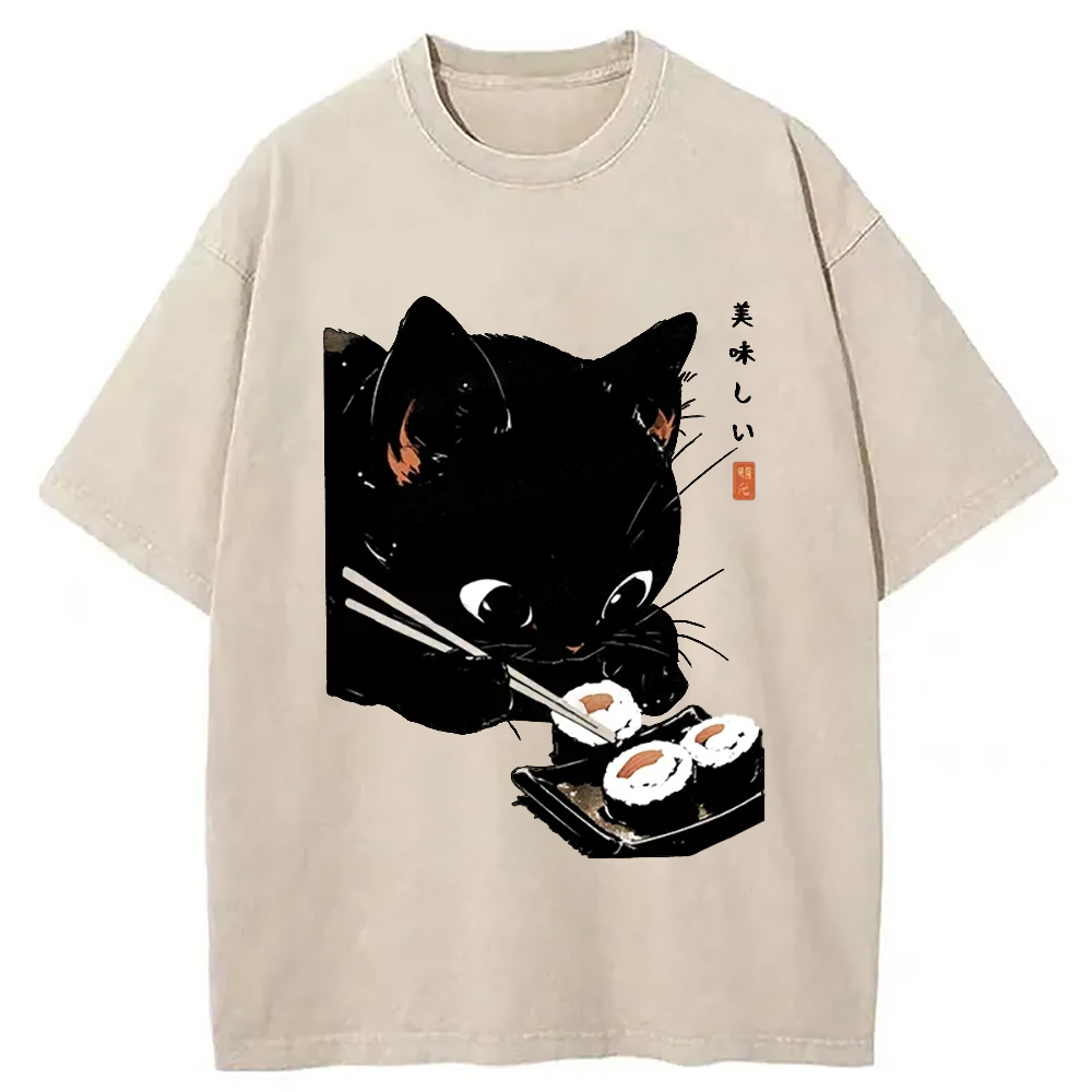 Cat Eating Rice Balls Washed T-Shirt Unisex Streetwear Graphic Style Gifts For BFF Cat Eating Rice Balls Washed T-Shirt Unisex Streetwear Graphic Style Gifts For BFF