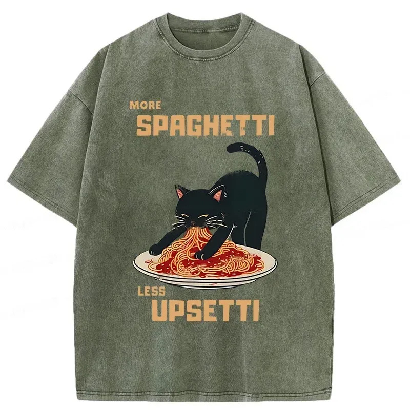 Cat Eating Spaghetti Funny Washed T-Shirt Casual Vintage Everyday Look Gifts For Brother Cat Eating Spaghetti Funny Washed T-Shirt Casual Vintage Everyday Look Gifts For Brother