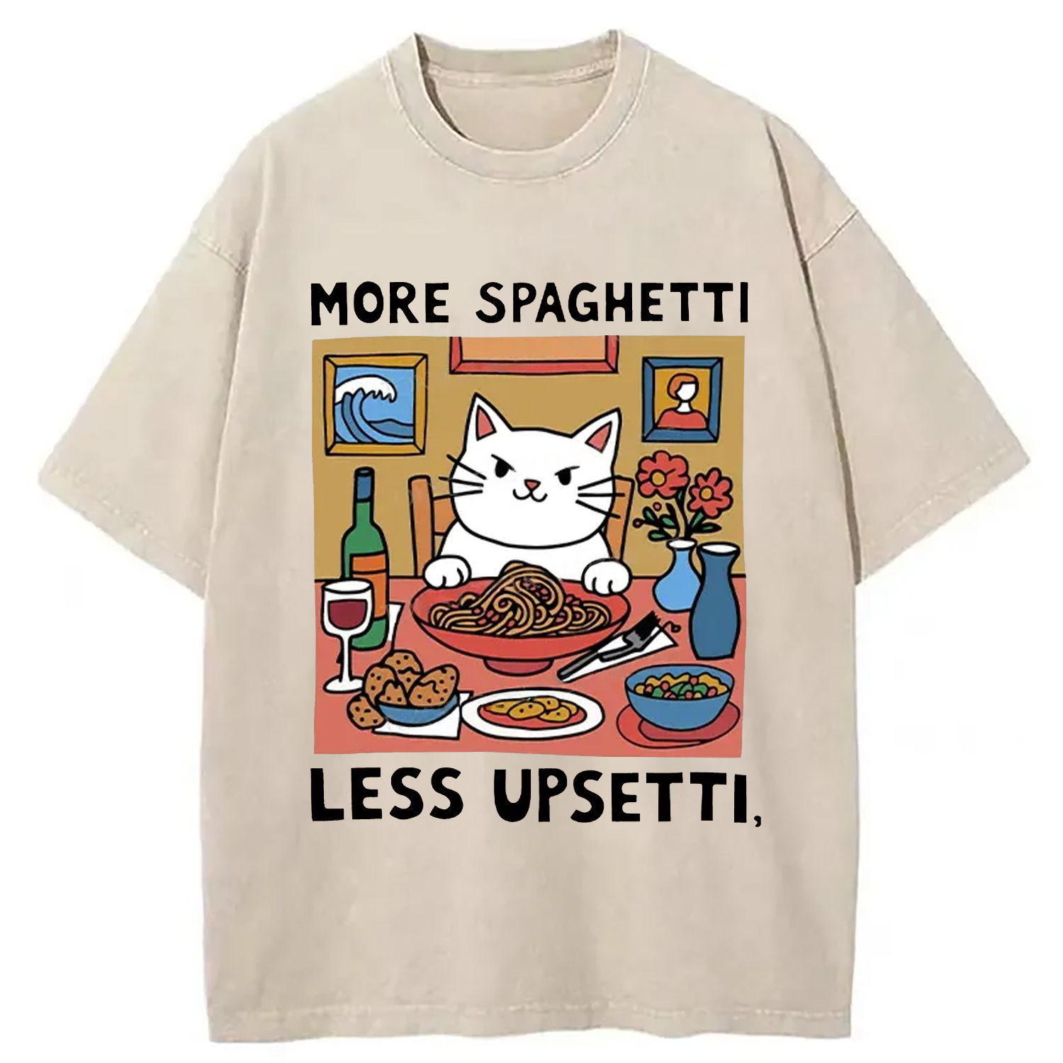 Cat Eating Spaghetti Washed T-Shirt Trendy Everyday Casual Outfit Gifts For Sister