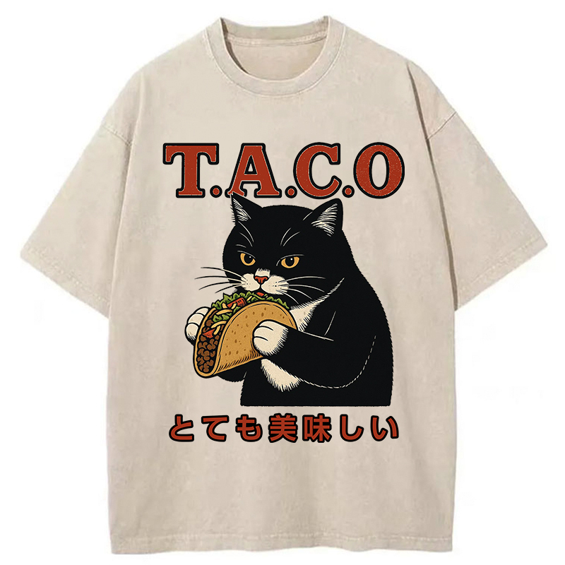 Cat Eating Taco Washed T-Shirt Retro Streetwear Graphic Top Gifts For Best Friend