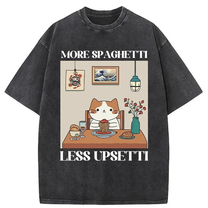 Cat Eats Spaghetti Washed T-Shirt Classic Graphic Fashion Tee Gifts For Best Friend