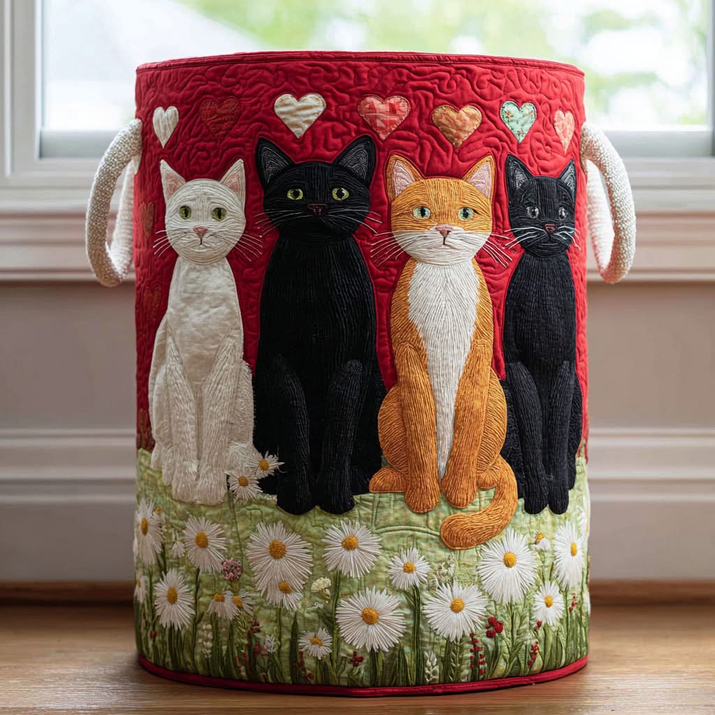 Cat Family Hearts Quilted Laundry Basket Valentine Cat Lover Home Decor Best Gift For Cat Parents