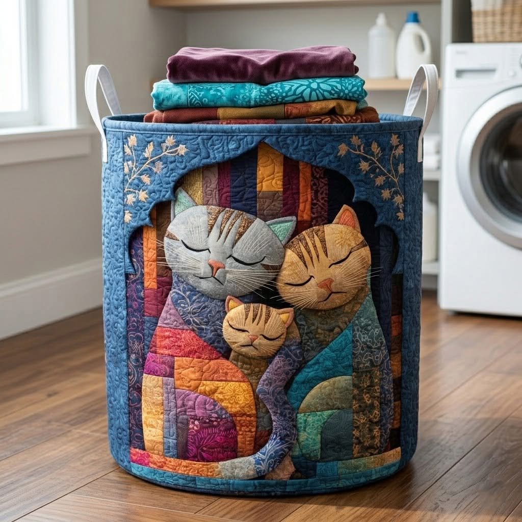 Cat Family Snuggle Quilted Laundry Basket Cozy Boho Home Decor Best Gift For Cat Parents And Fans