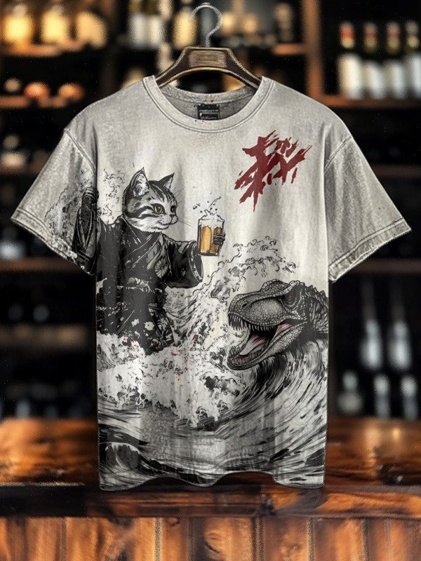 Cat Feeding Dinosaur With Beer Art Print T-Shirt Good Gifts For Boyfriend
