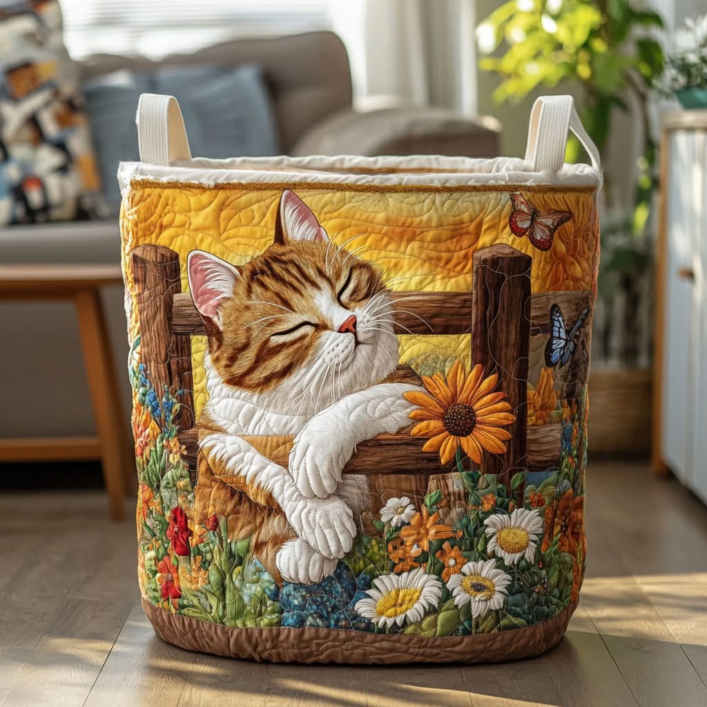Cat Fence Sunflower Garden Quilted Laundry Basket Farmhouse Cat Lover Decor Best Gift For Cat Lovers