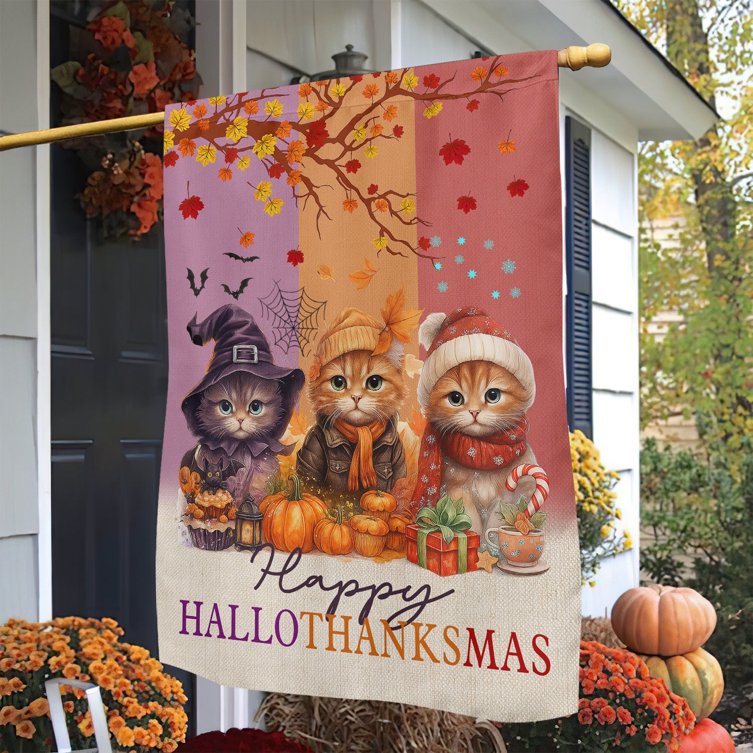 Cat Garden House Flag Happy Hallothanksmas Cat Yard Flag 3 Seasons In 1 Flag Gift For Cat Lovers
