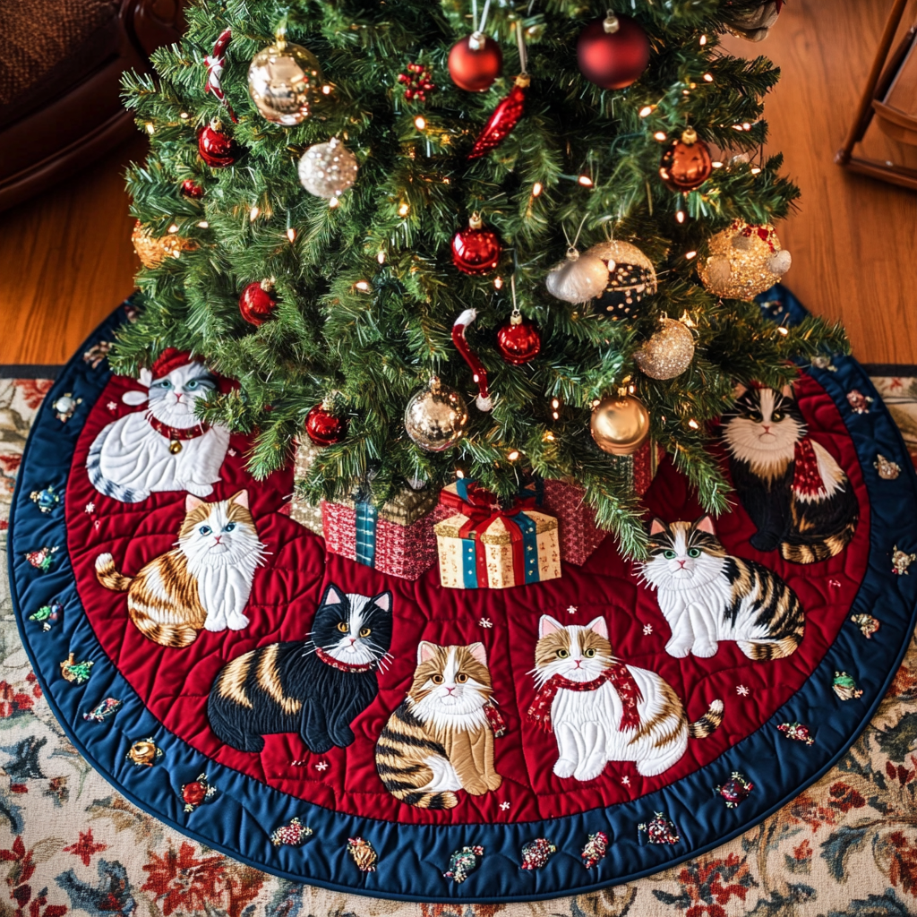 Cat Gathering Christmas Quilted Tree Skirt Winter Holiday Decor Xmas Gift For Cat