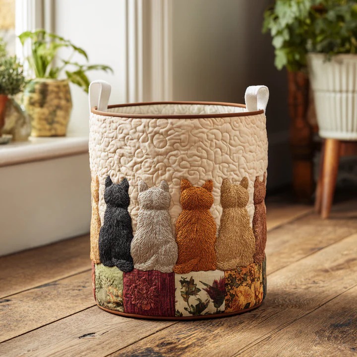 Cat Gathering Quilted Laundry Basket Boho Cat Family Home Storage Best Gift For Cat Lovers