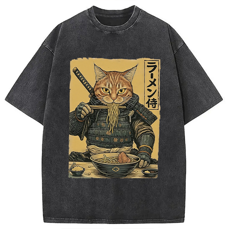 Cat General Eating Ramen Washed T-Shirt Classic Graphic Fashion Tee Gifts For Her