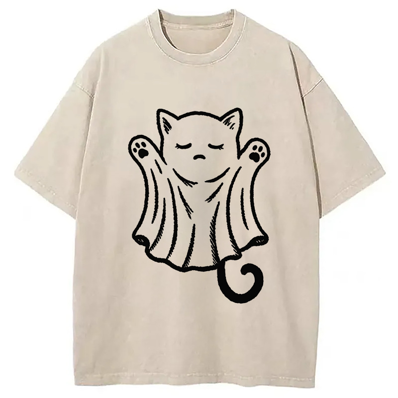 Cat Ghost Washed T-Shirt Funny Graphic Gift For Friends Gifts For Best Friend