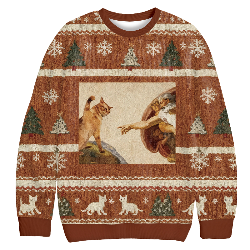 Cat God Creation Of Adam Meme Christmas Ugly Sweatshirt Holiday Joke Gift Idea