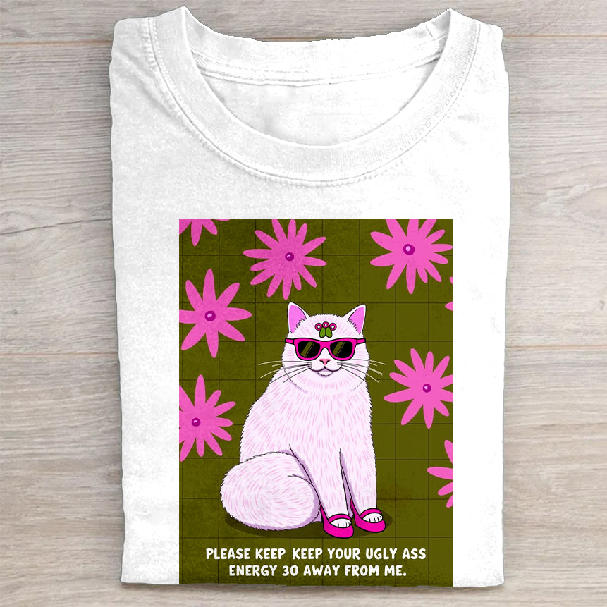 Cat Graphic T-Shirt Keep Your Energy Away Funny Slogan Tee Best Gift For Cat Lovers