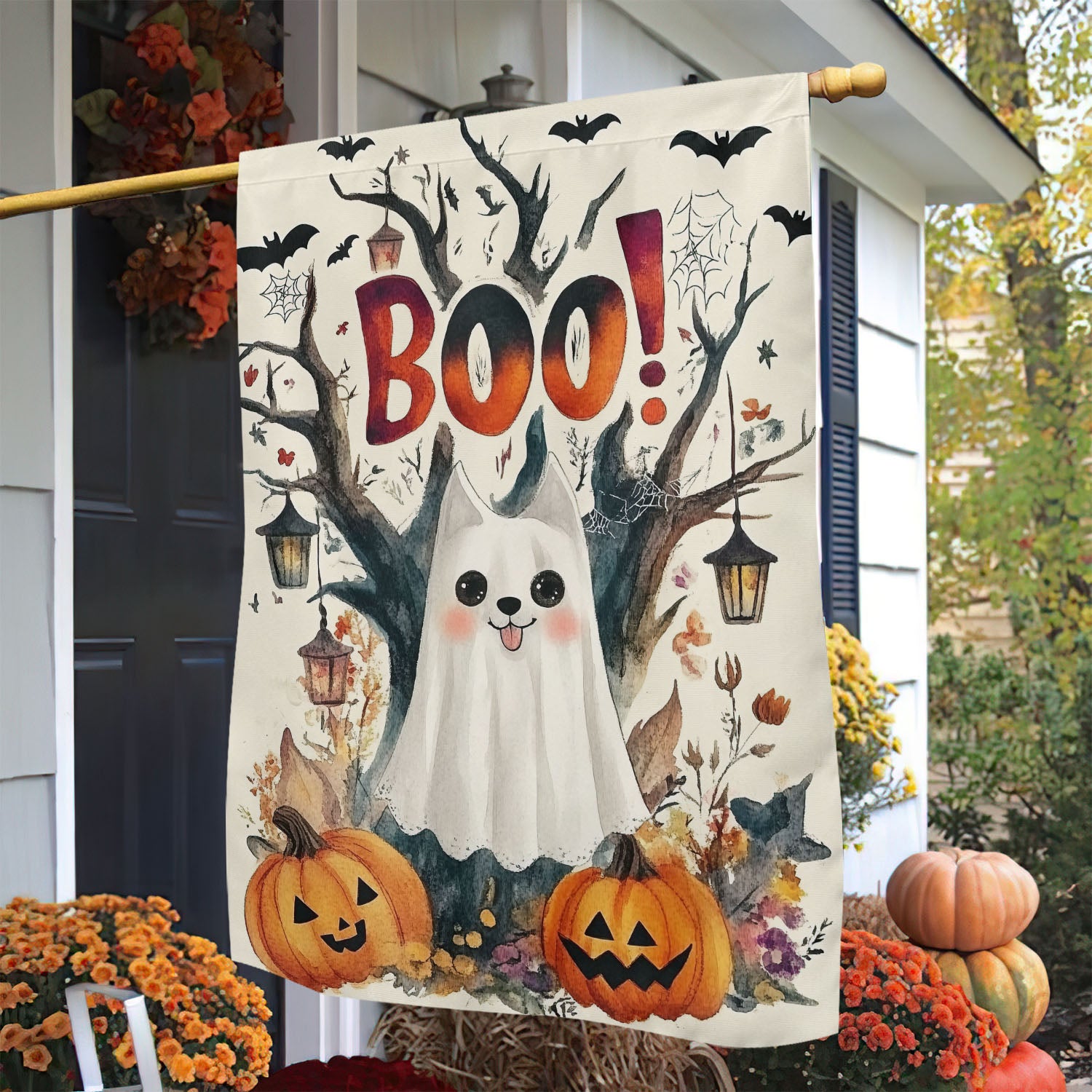 Cat Halloween Garden Flag Ghost Cat Boo Spooky Season Home Decor Gift For Ghost Lovers