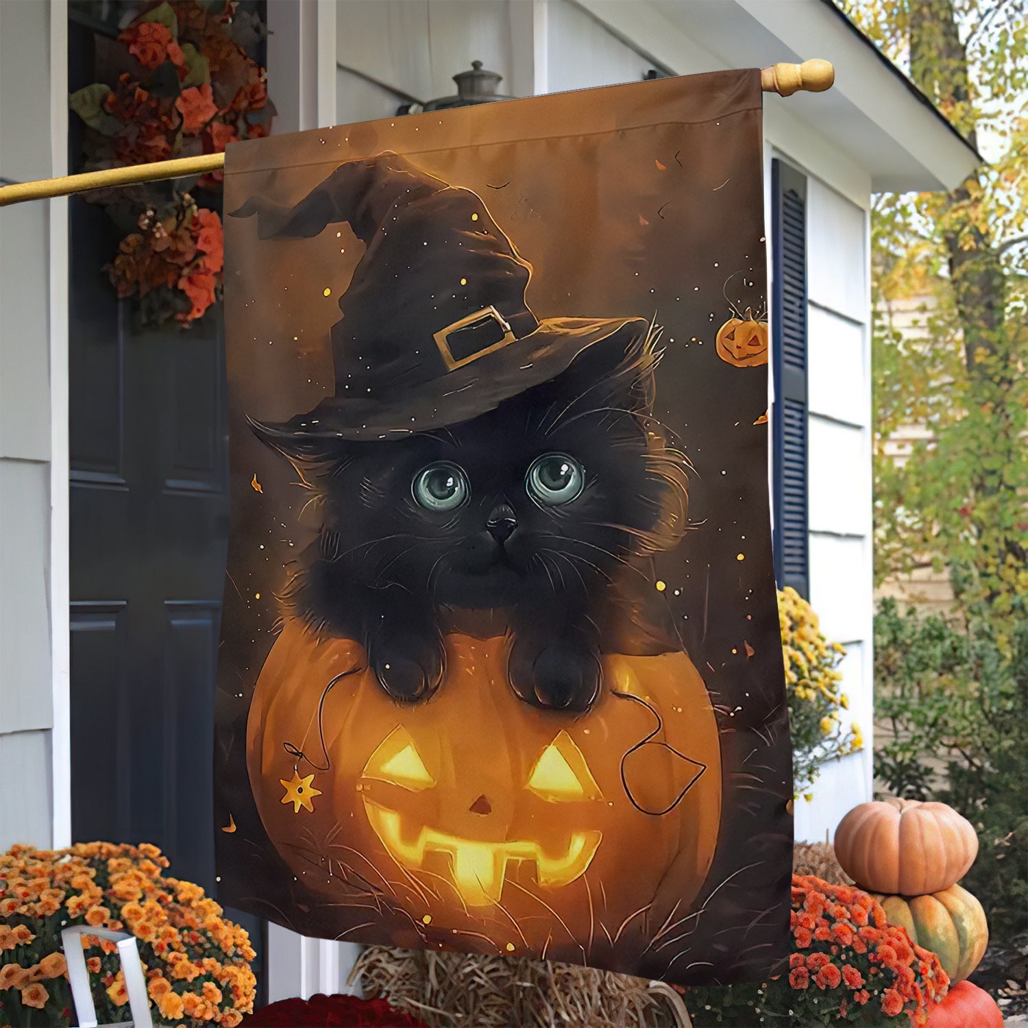 Cat Halloween Garden Flag Kitty Witch In Pumpkin Spooky Season Yard Decor Gift For Cat Lovers