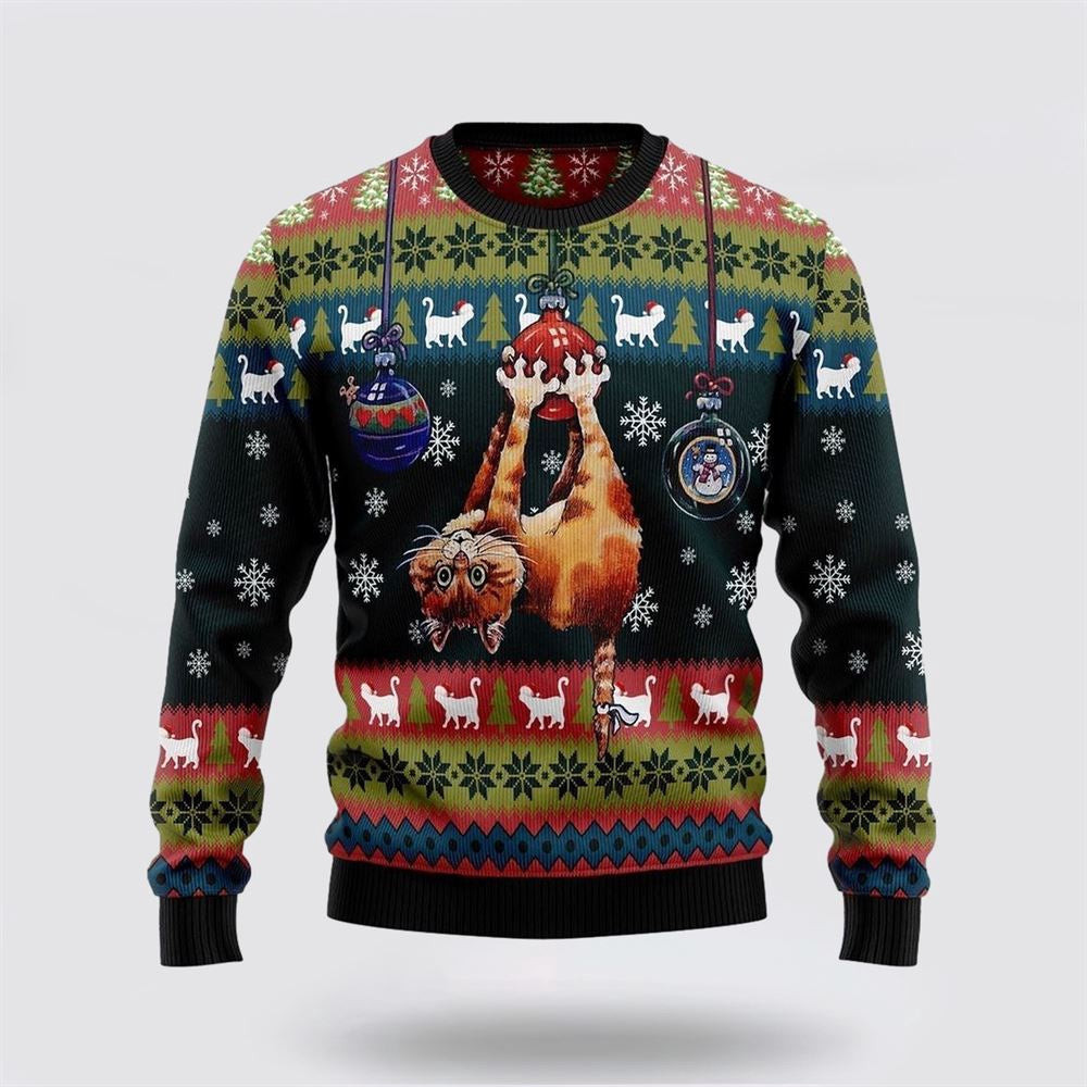 Cat Hanging On Xmas Tree Ugly Christmas Sweater Christmas Unisex Sweater Funny Christmas Sweater