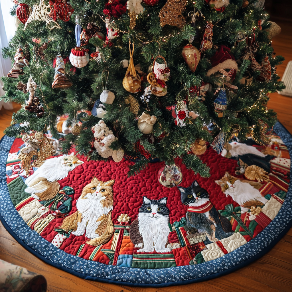 Cat Harmony Christmas Quilted Tree Skirt Xmas Indoor Decorations Cat Love Gifts Items
