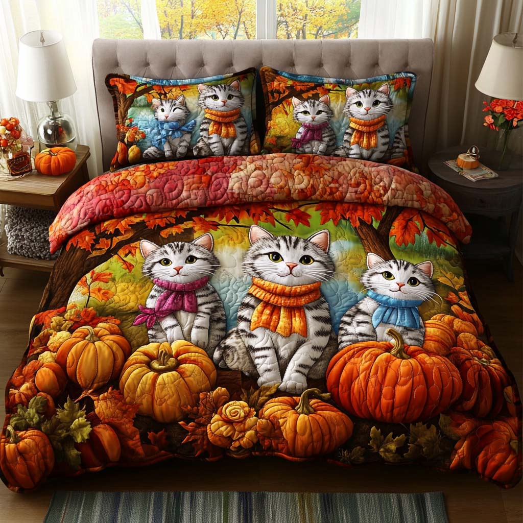 Cat Harvest Time Quilted Bedding Set Autumn Themed Bed Sheets Womens Cat Gifts