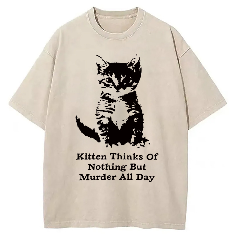 Cat Has A Murderous Thought Washed T-Shirt Retro Humor Graphic Top Gifts For Him Cat Has A Murderous Thought Washed T-Shirt Retro Humor Graphic Top Gifts For Him