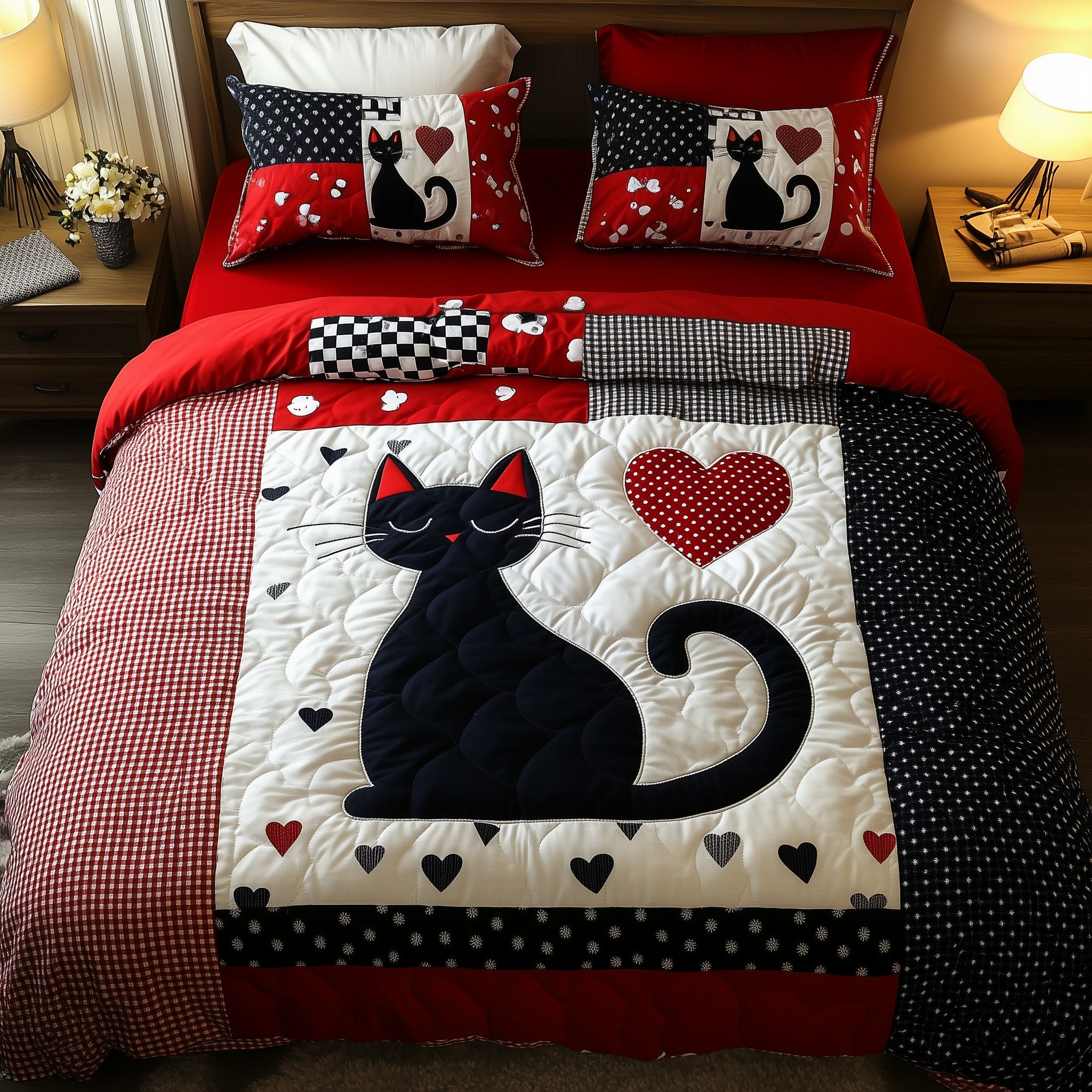 Cat Hear Quilted Bedding Set Duvet Cover Bedspread Xmas Heart And Cat Theme Gifts For Lovers
