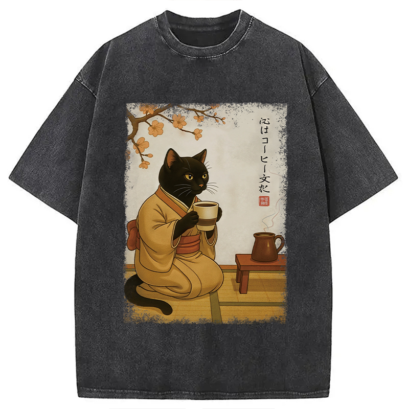 Cat Heart Full Of Coffee Washed T-Shirt Unique Aesthetic Fashion Tee Gifts For Her