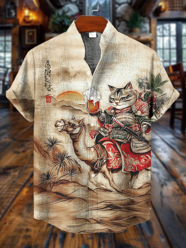 Cat Holding Beer Riding Camel Japanese Art Hawaiian Shirt Good Gifts For Boyfriend