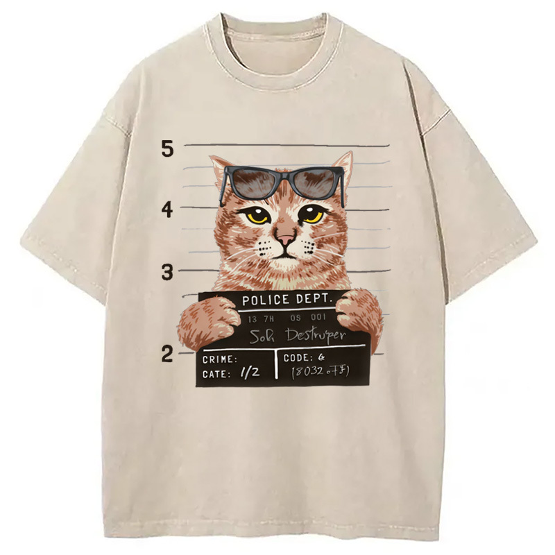 Cat Holding Mugshot Arrested Washed T-Shirt Unisex Streetwear Graphic Style Gifts For Best Friend