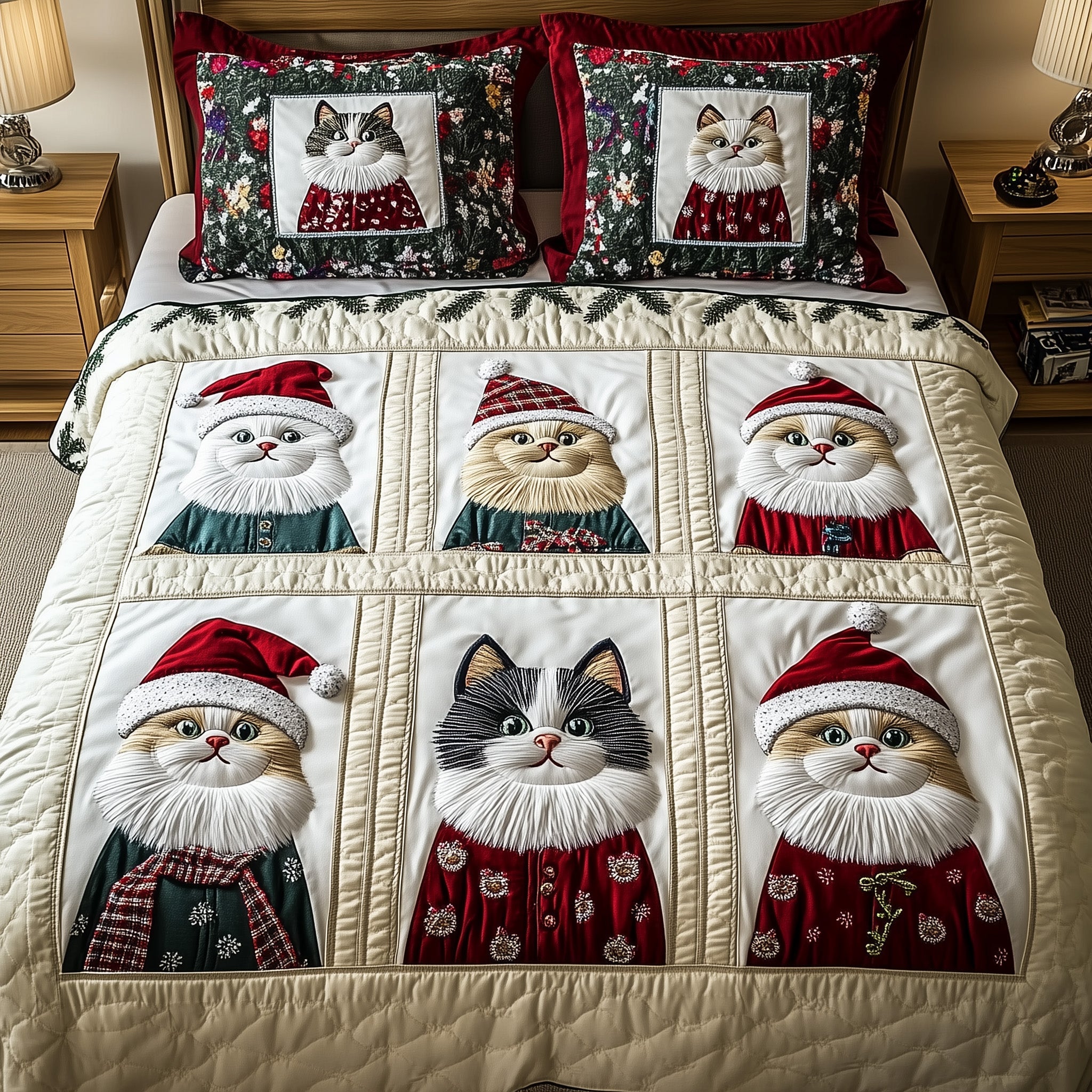 Cat Holiday Purrfect Christmas Quilted Bedding Set Duvet Cover Bedspread Cat Theme Cute Xmas Gifts