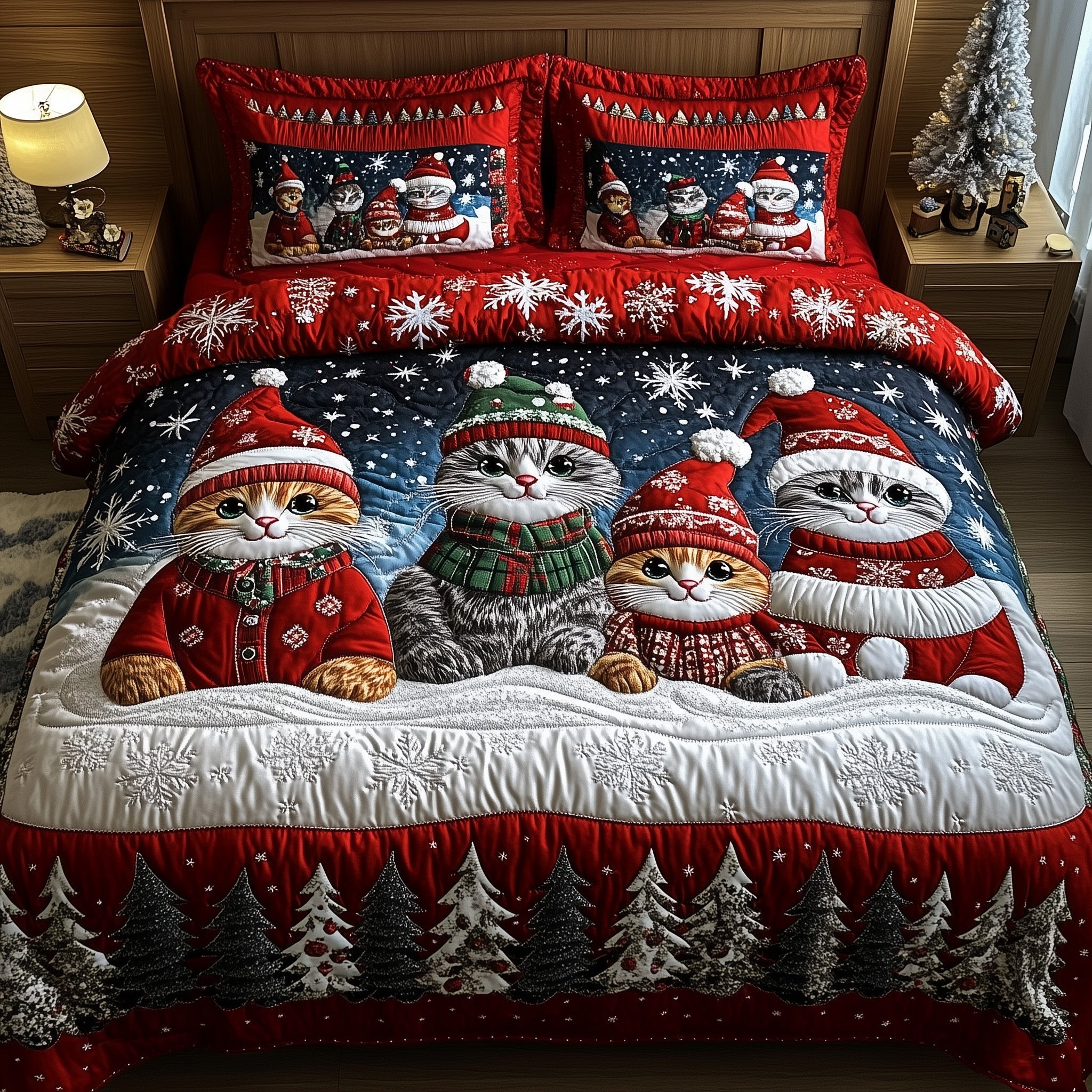 Cat Holiday Purrfect Christmas Quilted Bedding Set Duvet Cover Bedspread Cat Theme Xmas Gifts For Kids