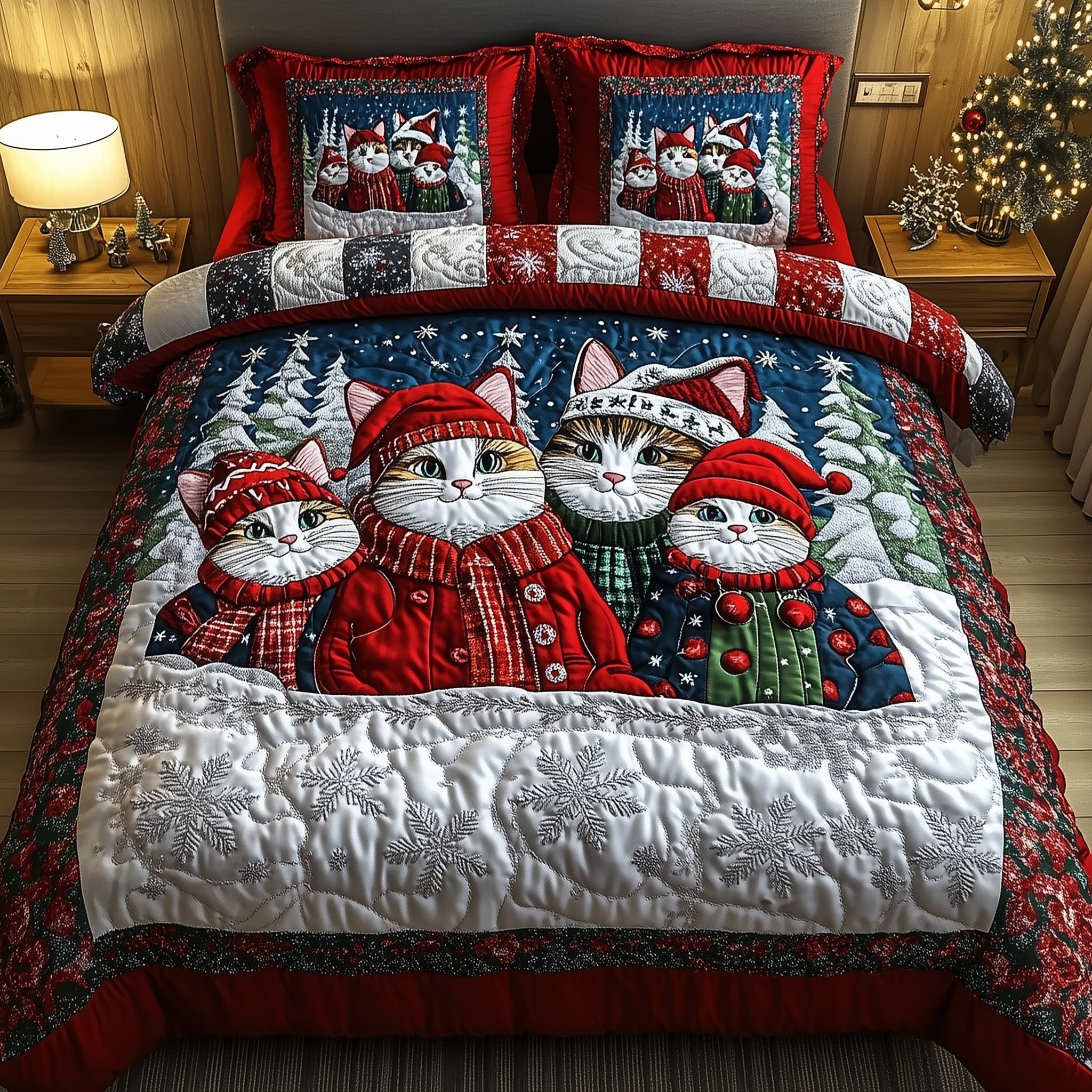 Cat Holiday Purrfect Christmas Quilted Bedding Set Duvet Cover Bedspread Xmas Holiday Gifts For Cat Lovers