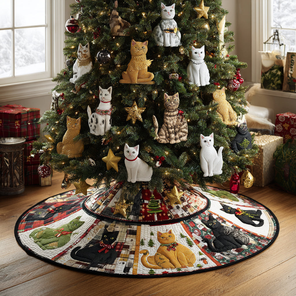 Cat Holiday Whiskers Christmas Quilted Tree Skirt Animal Themed Home Decor Gifts For Cat Lovers